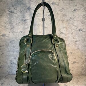 Be & D vintage green leather handbag with multiple compartments